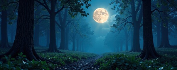 Naklejka premium The moon casts a silver glow on the forest floor, peaceful atmosphere, lunar illumination,