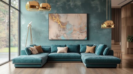 interior design, luxurious living room, teal walls, velvet teal sofa, gold pendant lights, large window, cloud painting artwork, minimalist decor, modern aesthetic, potted plant, natural light, high c