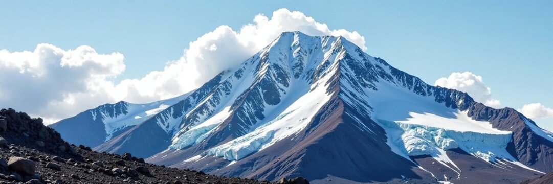 Clouds and ice formations on the peak of Llullaillaco volcano, volcanic, terrain, rocky