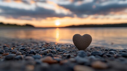 Fototapeta premium A heart shaped rock sitting on a beach at sunset