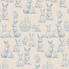 Seamless Pattern with bunny and chicken. Happy Easter. Vintage engraving style