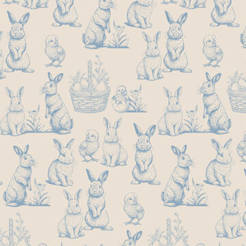 Seamless Pattern with bunny and chicken. Happy Easter. Vintage engraving style