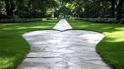 A stone walkway in the middle of a lush green park
