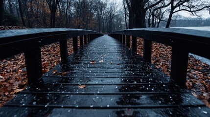 Fototapeta premium A wooden bridge in the middle of a snowy forest
