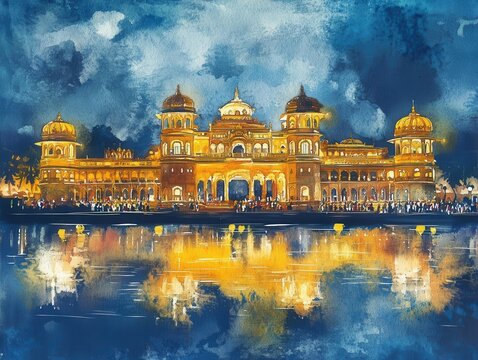 mysore palace night scene watercolor illustration with traditional architecture, festive lighting, and cultural celebration elements for dasara
