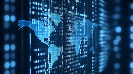 Global Network Data Flow: World Map Binary Code Digital Technology
