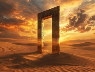 mysterious portal door standing alone in vast desert landscape under dramatic sunset sky with golden sand dunes stretching to horizon