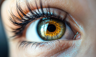close up human female green and yellow eye