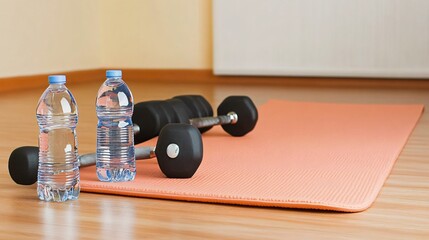 Home Fitness Setup Dumbbells Water Bottles Yoga Mat