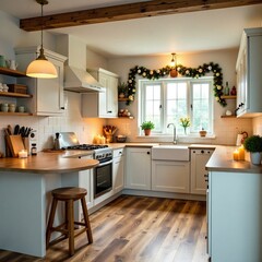 Holiday cottage kitchen with candles and festive decorations, holiday cottage, festive decorations