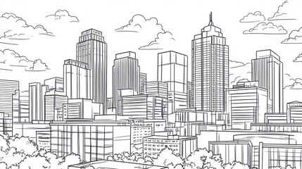 Cityscape sketch, urban skyline, downtown view, cloudy day, architectural drawing, illustration