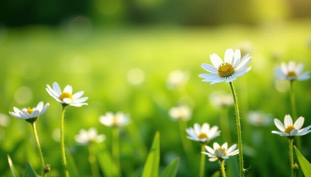 Field of white Orlaya grandiflora flowers blooming in the sun, greenery, nature