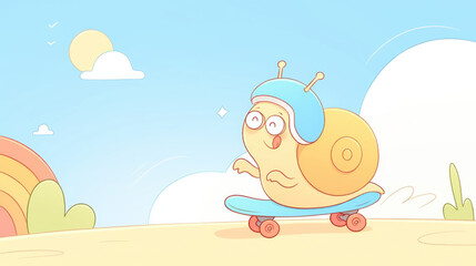 whimsical snail skating on skateboard under sunny sky