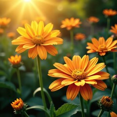 Fototapeta premium Sunlit garden blooms with metallic golden flowers on a floral background, sun, yellow