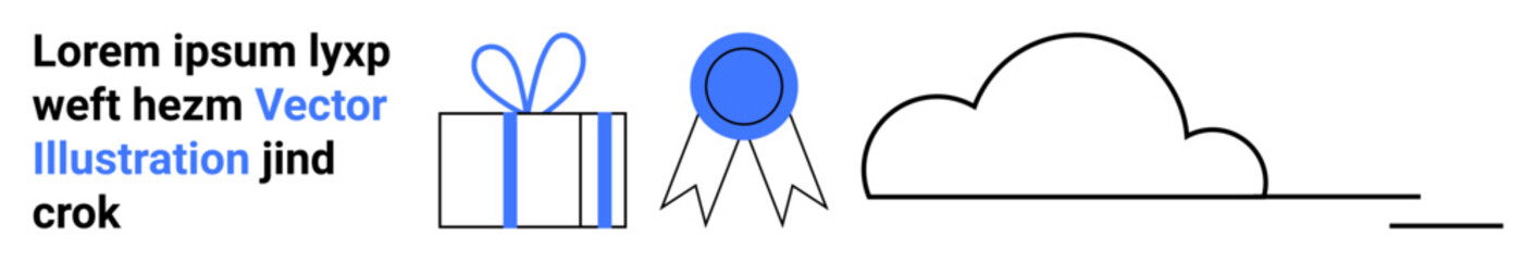 Blue gift box with ribbon, blue award ribbon, black cloud line drawing, and placeholder text. Ideal for celebration themes, awards, presentations, festive events, ecommerce cloud services