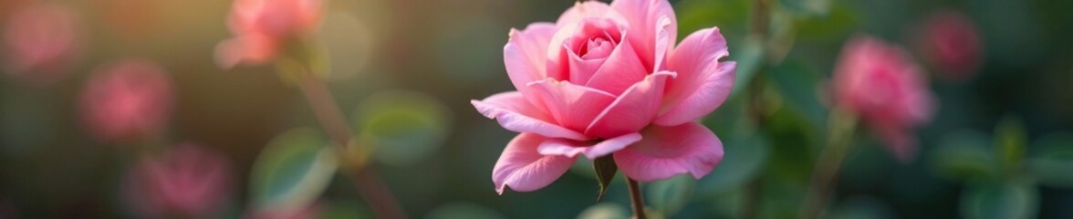 Delicate pink rose-like flower blooming on a stem, stem, blossoms