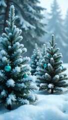 Delicate snowflakes falling onto a bed of frosted fir trees with teal ornaments, frozen forest, frost