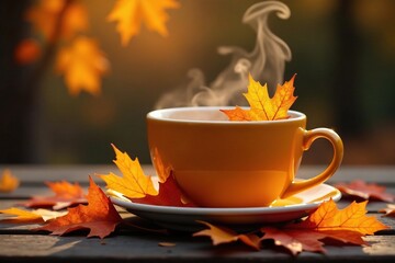 Pumpkin and orange leaf arrangement in a steaming autumn beverage, leaves, natural