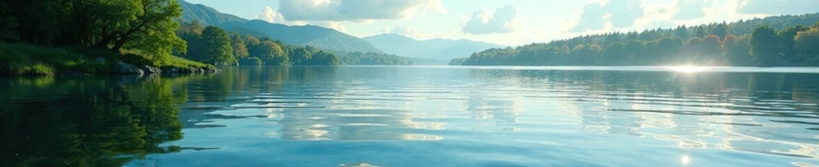 Tranquil lake scene with gently lapping waves, peaceful, natural