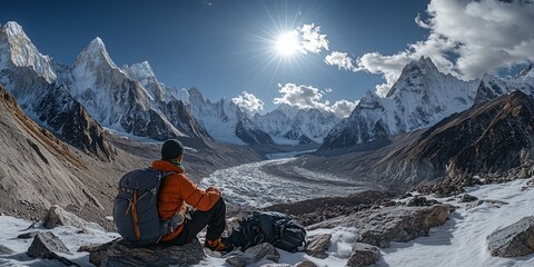 Hiker Views Himalayan Peaks, Sunny Day