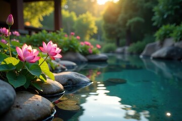 Softly glowing flowers surround a tranquil pool of water in the garden, garden, water, pool