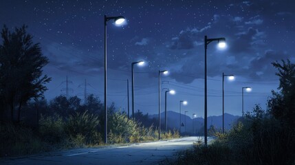Night road scene with streetlights, stars, and vegetation.