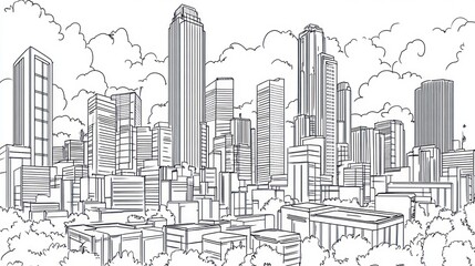 Skyline sketch, city buildings, cloudy day, urban landscape, design