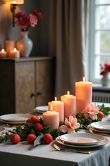 Festive holiday table with candles and flowers, candles, decoration, table