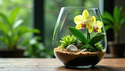 Green and beige pitcher orchid in a glass terrarium with other plants and rocks, decorative accent, plants