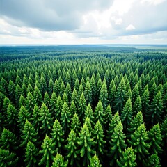 Dense forest of towering pine trees stretching into the distance, cloudy sky, serene