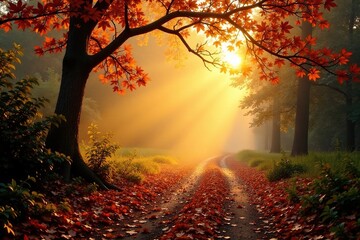 Golden light falls through the autumn foliage, misty atmosphere, warm glow