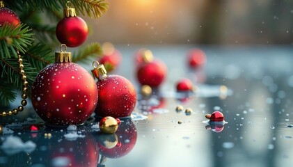 Golden red Christmas decorations scattered on frozen pond surface, gold, decoration, treeballs