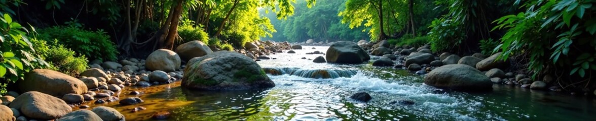 Rocky riverbed with jungle vegetation on either side, nature, terrain, scenery