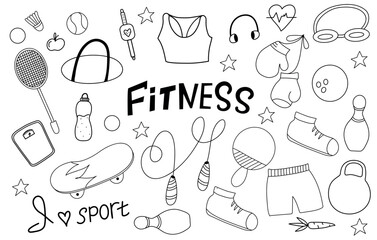 Outline fitness and sports doodle icons. Healthy lifestyle. Fitness hand drawn lettering. Skateboard, racket, jump rope, skittles, shuttlecock and other sports equipment. Line art. 