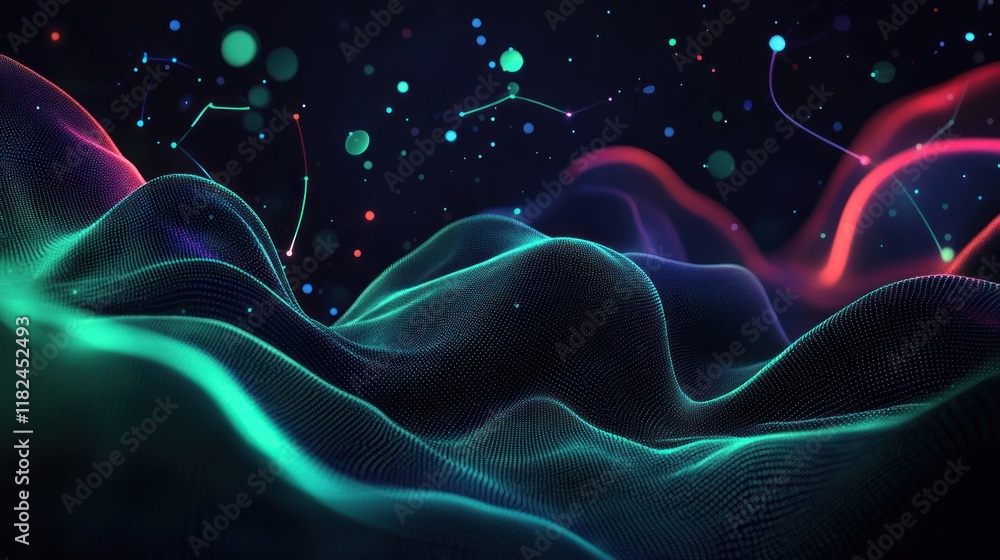 Poster abstract digital landscape with glowing lines and particles.