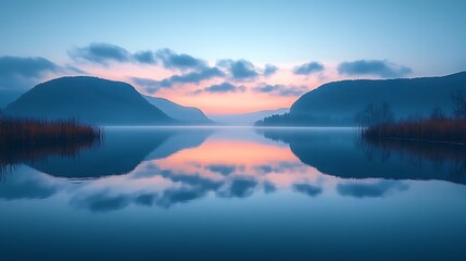 Serene Lake Sunset Between Misty Mountains