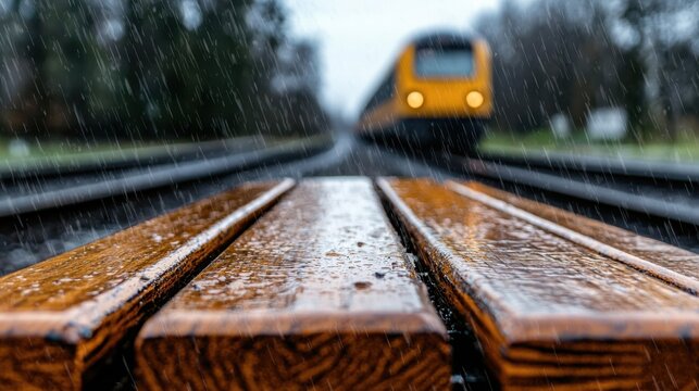 A train traveling down train tracks in the rain