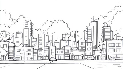 Fototapeta premium Sketchy city skyline, street view, cloudy day, urban planning illustration