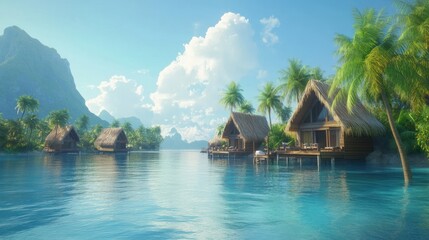 Fototapeta premium Tropical overwater bungalows on a tranquil lagoon.