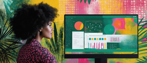 The girl in front of the monitor with business analytics.