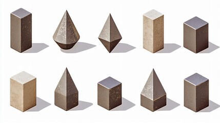 Obraz premium Isometric 3D Geometric Shapes Render- Cubes, Cones, and Pyramids