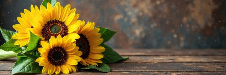 Fototapeta premium a bouquet of sunflowers on a reclaimed wood table, cheerful, colorful