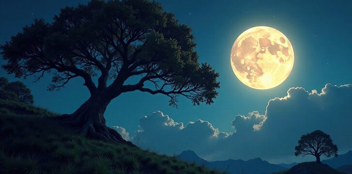 Ancient tree branches stretching towards full moon, branches, trees, moonbeams