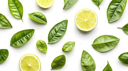 Fresh green citrus leaves set against a white background