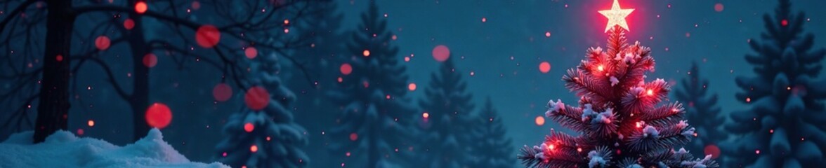 Glittering red star atop a snow-covered Christmas tree, twinkling stars, christmas tree