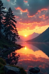 Fototapeta premium A serene lake at sunset with trees on the shore, forest, trees