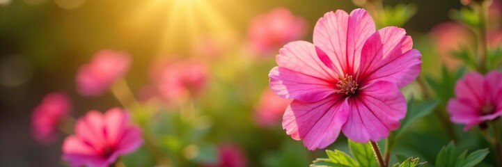 Fototapeta premium Pink geranium petals unfolding in the warm sunlight, garden flowers, garden