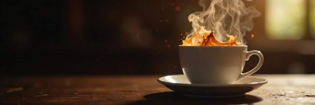 A scalding hot coffee splashes on the side of a cup, coffee, steam