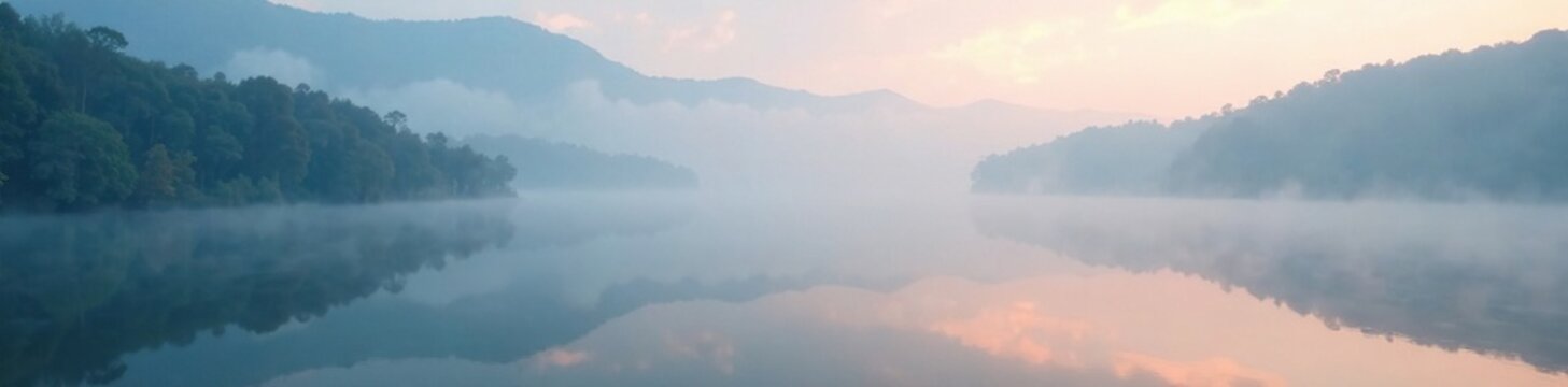 misty morning fog surrounds the lake's surface, morning scene, Central Java, fog