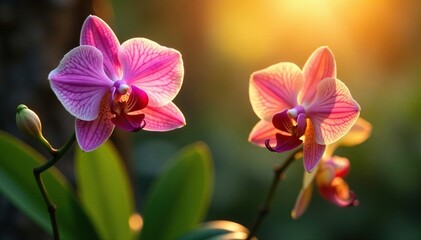 exotic orchids in a garden with a warm golden glow, lush, warm